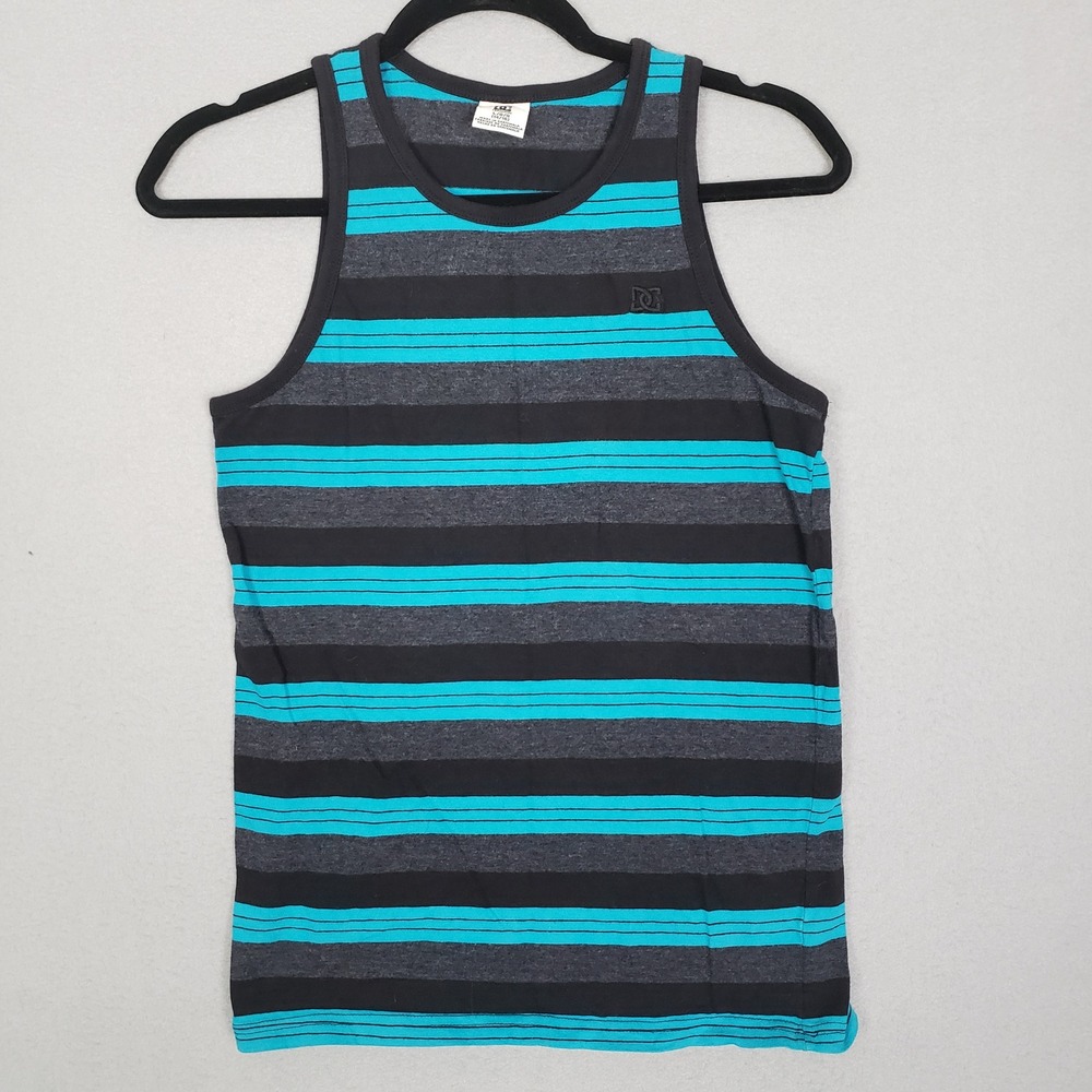 DC Boys Size L Sleeveless Tank Top Blue Gray‎ Stripes Skater Surfer Summer Beach